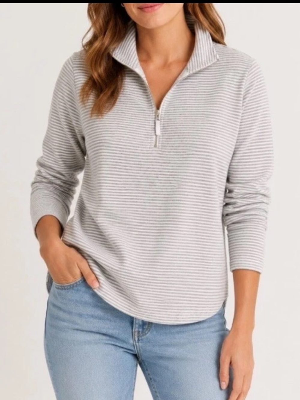NWT! J.Crew Factory Striped Terry Half-zip Pullover Cotton Blend Gray White Sz S
